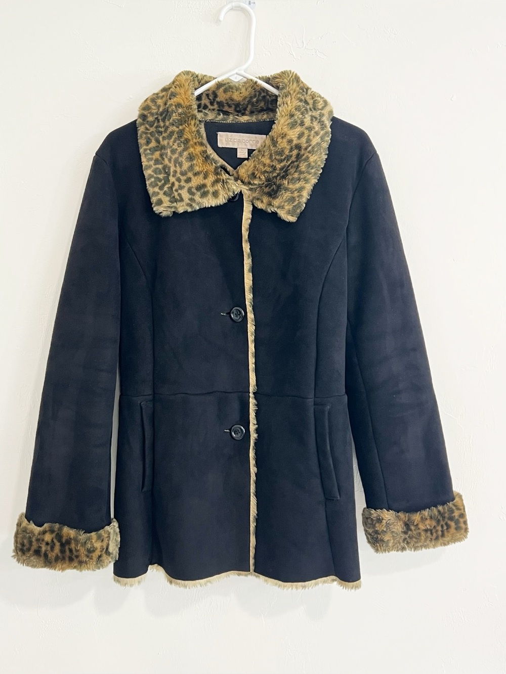 Vintage Liz Claiborne Faux Suede Leopard Fur Trim Jacket Black Size Large